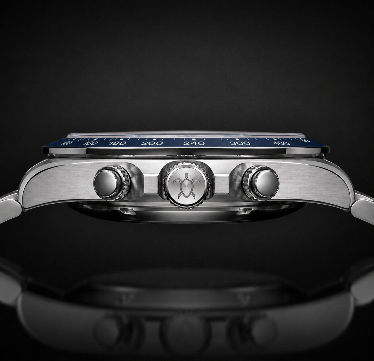 Side profile of the TURTLE Midnight Tide case, crown, and pushers